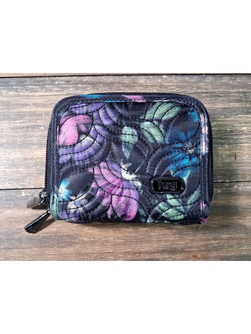 LUG Splites Wallet Compact RFID Bloom Black Quilted FLoral Zip Around Accordian